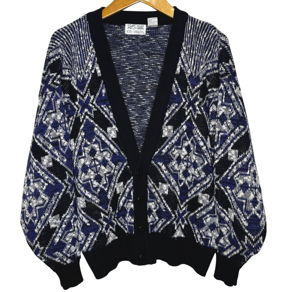 Vintage City Streets Knit Cardigan Mens Medium‎ Blue/White